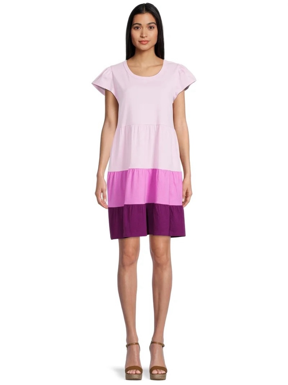 Time And Tru Women's Size Medium (8-10) Pink and Purple Tiered Cotton Mini Dress